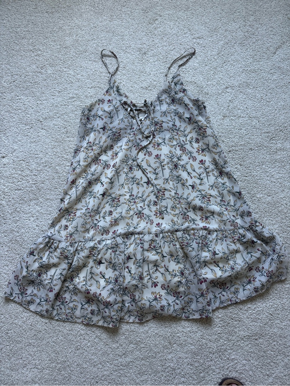 J.O.A. Floral Lace-Up Spaghetti Strap Dress - Ivory with Green & Pink Floral